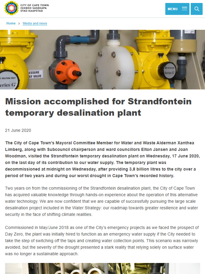 Mission accomplished for Strandfontein temporary desalination plant